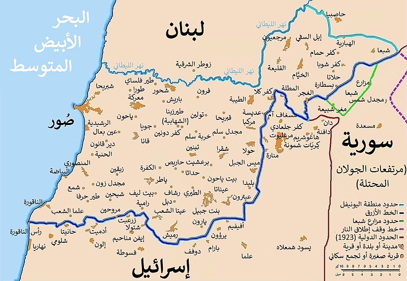 خارطة توضح نقاط التماس في الجنوب اللبناني - ويكيبيديا